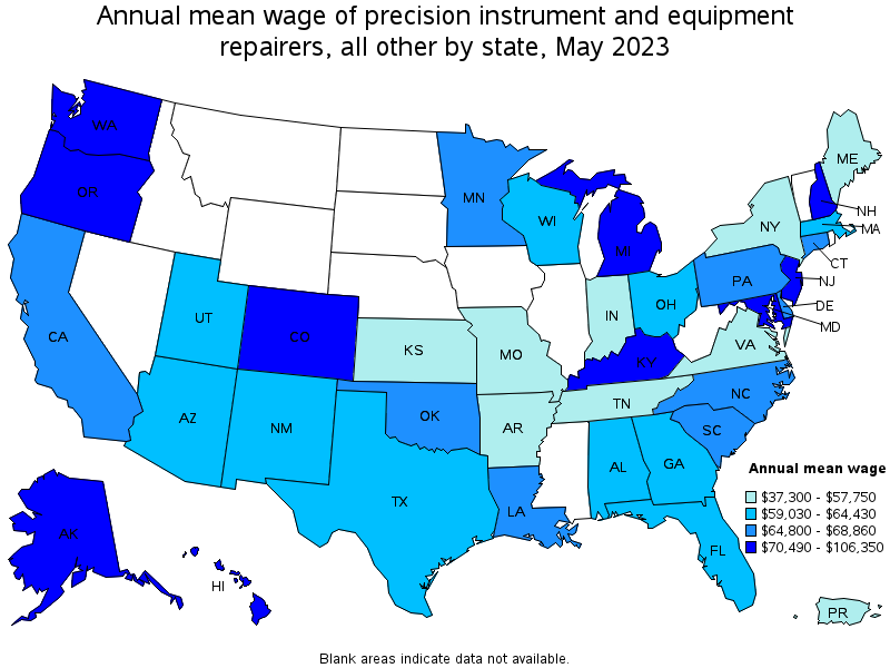 Map of annual mean wages of precision instrument and equipment repairers, all other by state, May 2021