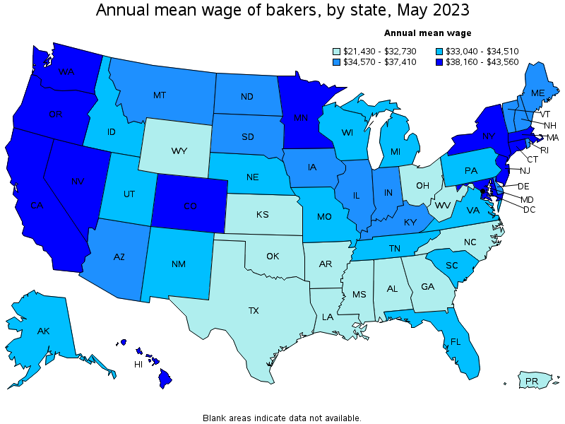 Map of annual mean wages of bakers by state, May 2022
