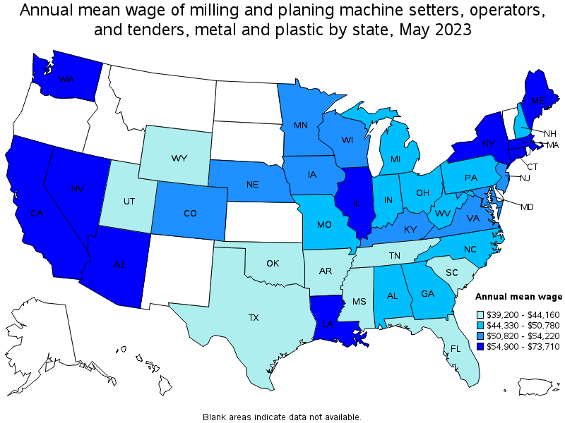 Map of annual mean wages of milling and planing machine setters, operators, and tenders, metal and plastic by state, May 2022