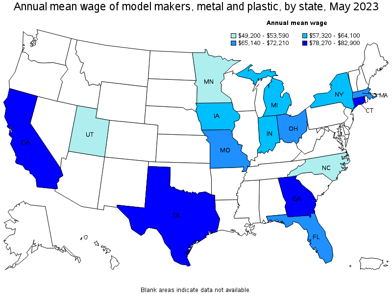 Map of annual mean wages of model makers, metal and plastic by state, May 2021