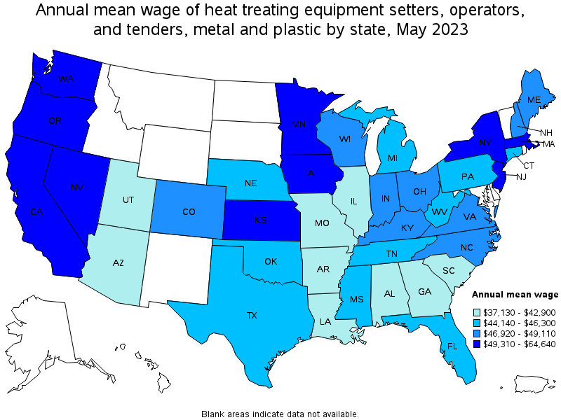 Map of annual mean wages of heat treating equipment setters, operators, and tenders, metal and plastic by state, May 2021