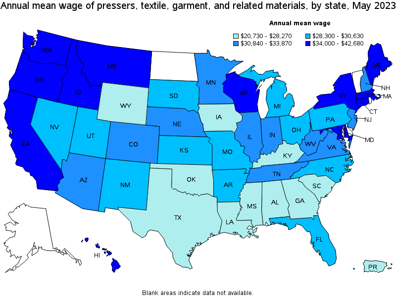 Map of annual mean wages of pressers, textile, garment, and related materials by state, May 2021