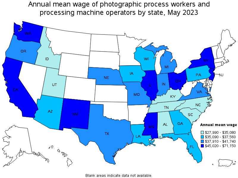 Map of annual mean wages of photographic process workers and processing machine operators by state, May 2022