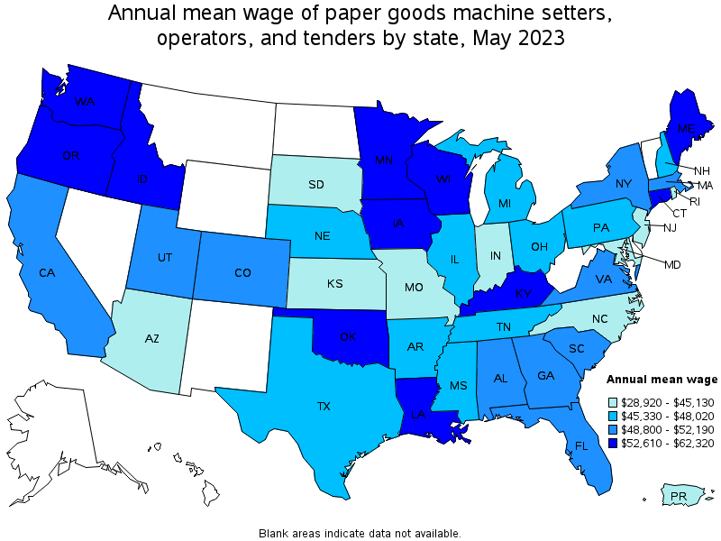 Map of annual mean wages of paper goods machine setters, operators, and tenders by state, May 2021