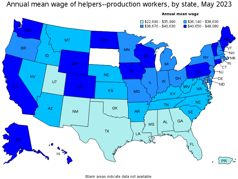 Map of annual mean wages of helpers--production workers by state, May 2022