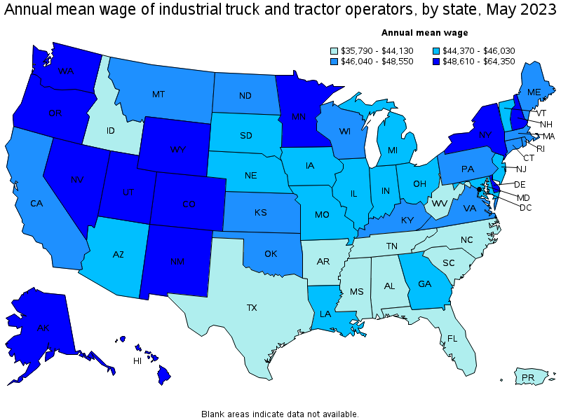 Map of annual mean wages of industrial truck and tractor operators by state, May 2021