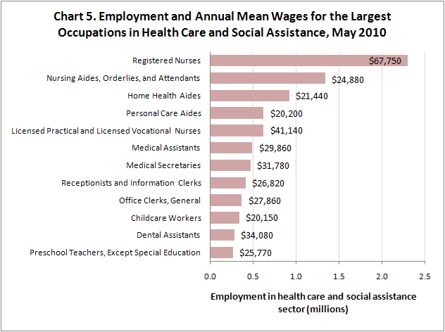 Chart 5. Employment and Annual Mean Wages for the Largest Occupations in Health Care and Social Assistance, May 2010