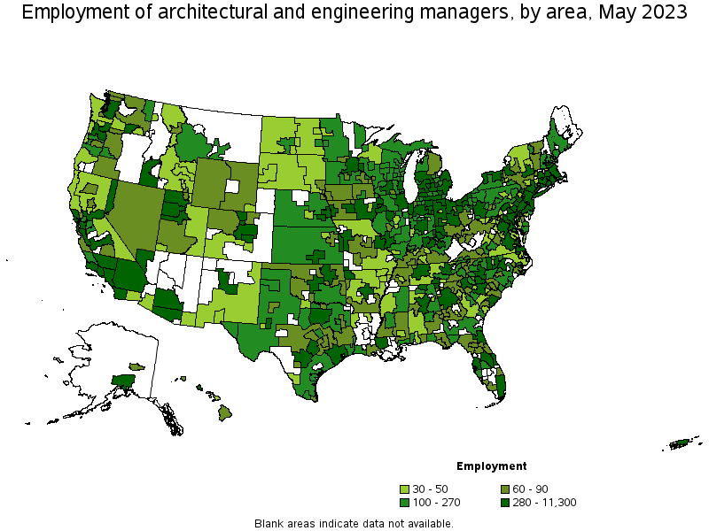Map of employment of architectural and engineering managers by area, May 2022