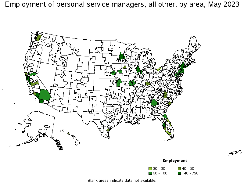 Map of employment of personal service managers, all other by area, May 2021