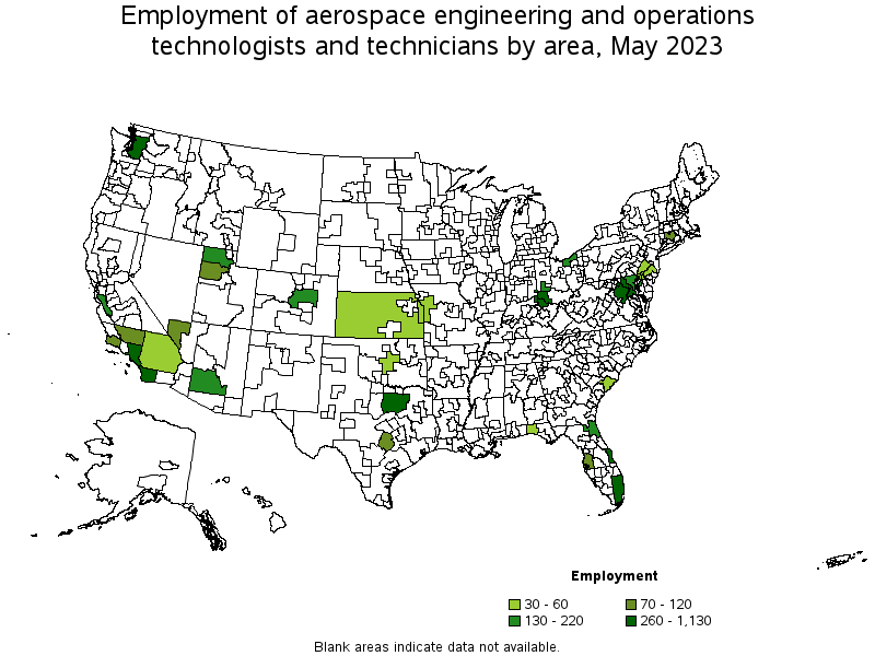 Map of employment of aerospace engineering and operations technologists and technicians by area, May 2022