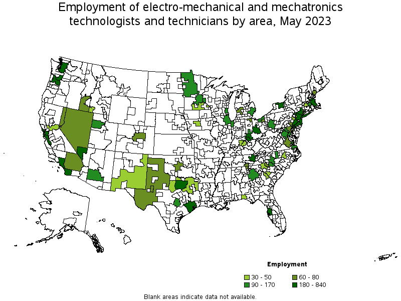 Map of employment of electro-mechanical and mechatronics technologists and technicians by area, May 2021