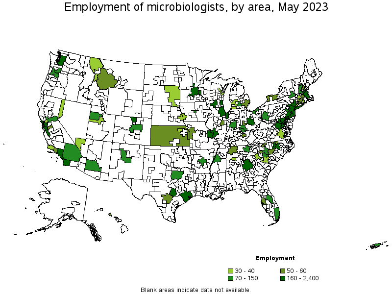 Map of employment of microbiologists by area, May 2022