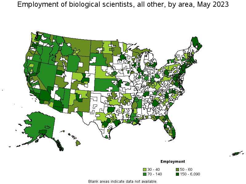 Map of employment of biological scientists, all other by area, May 2021