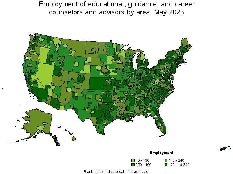 Map of employment of educational, guidance, and career counselors and advisors by area, May 2022