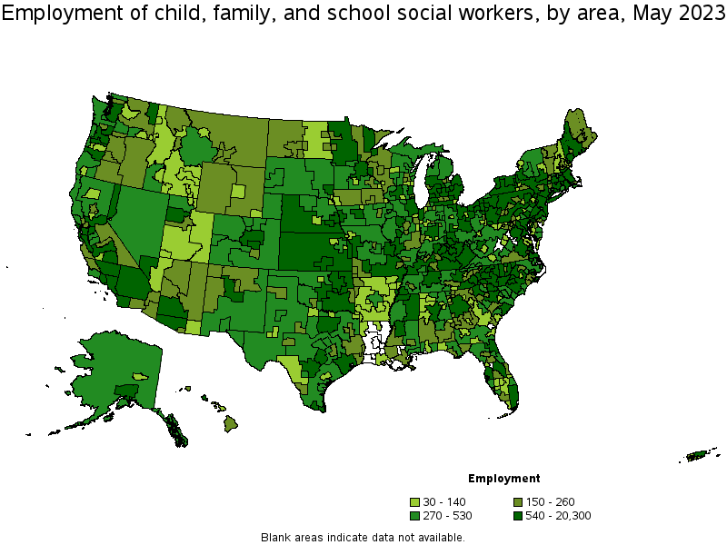 Map of employment of child, family, and school social workers by area, May 2021