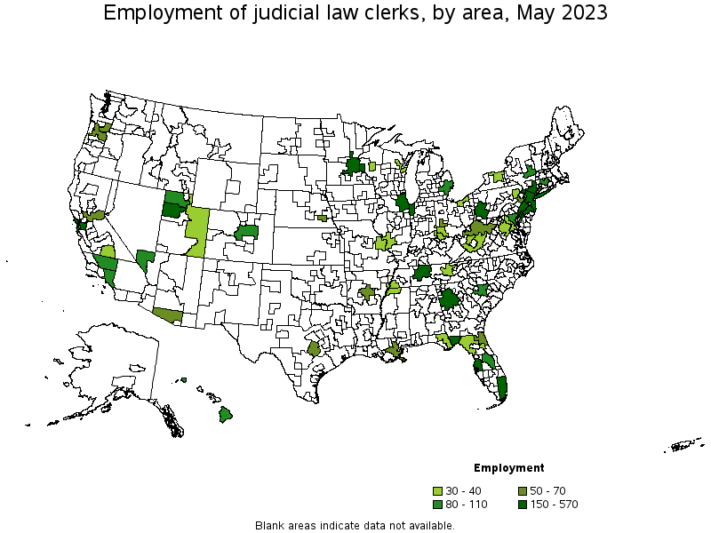 Map of employment of judicial law clerks by area, May 2021