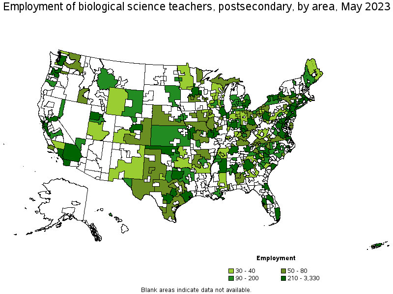 Map of employment of biological science teachers, postsecondary by area, May 2021
