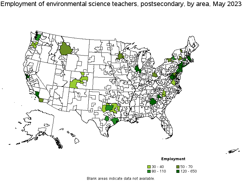 Map of employment of environmental science teachers, postsecondary by area, May 2022