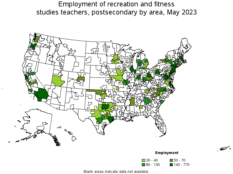 Map of employment of recreation and fitness studies teachers, postsecondary by area, May 2021