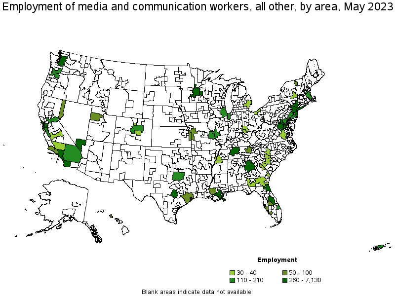 Map of employment of media and communication workers, all other by area, May 2022