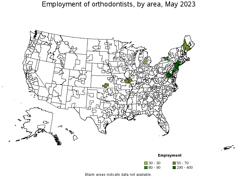 Map of employment of orthodontists by area, May 2022