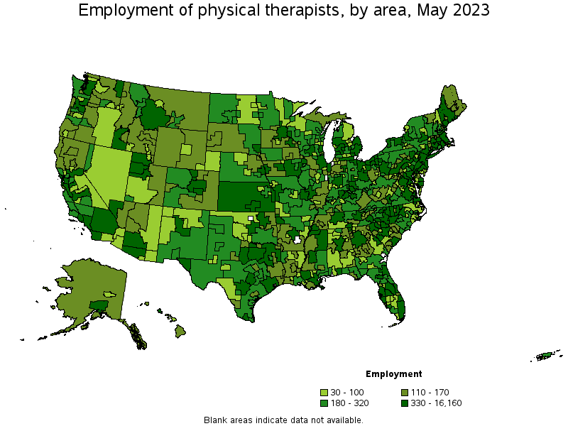 Map of employment of physical therapists by area, May 2022