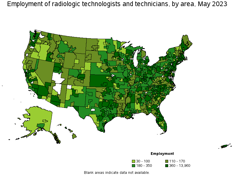 Map of employment of radiologic technologists and technicians by area, May 2021