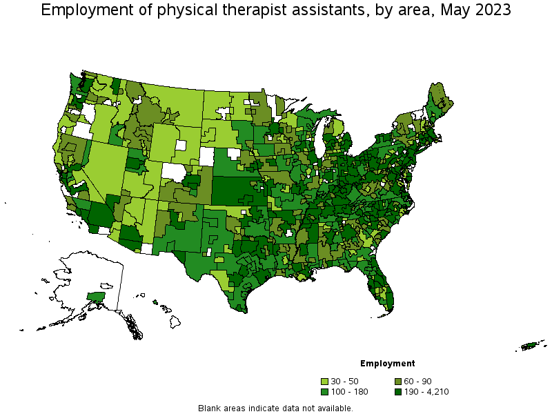 Map of employment of physical therapist assistants by area, May 2021