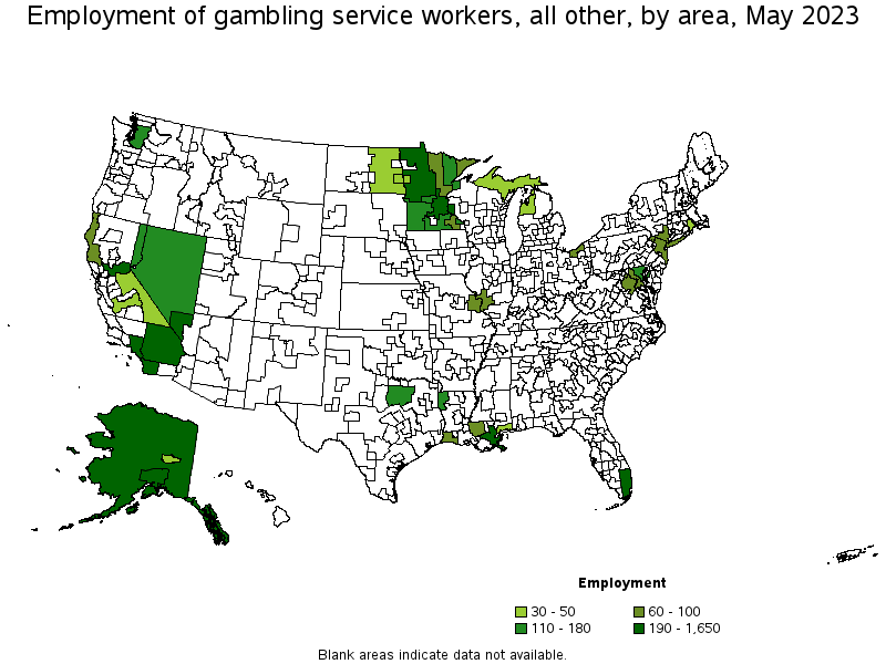 Map of employment of gambling service workers, all other by area, May 2021