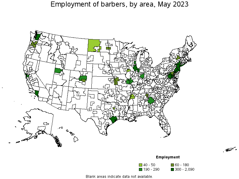 Map of employment of barbers by area, May 2022