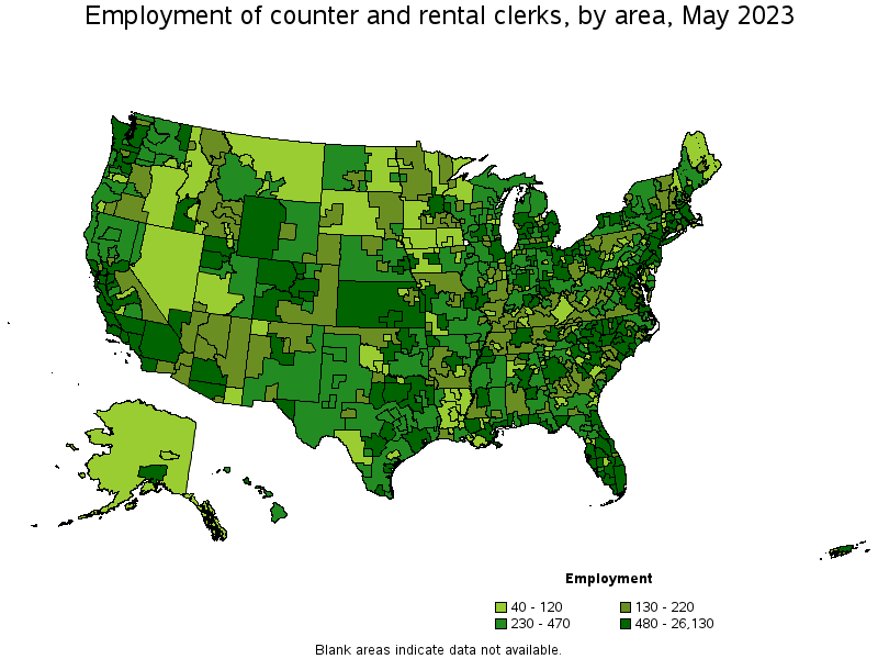 Map of employment of counter and rental clerks by area, May 2021