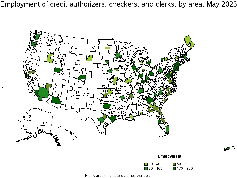 Map of employment of credit authorizers, checkers, and clerks by area, May 2022