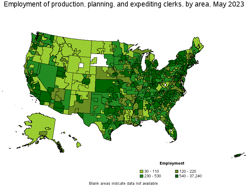 Map of employment of production, planning, and expediting clerks by area, May 2022