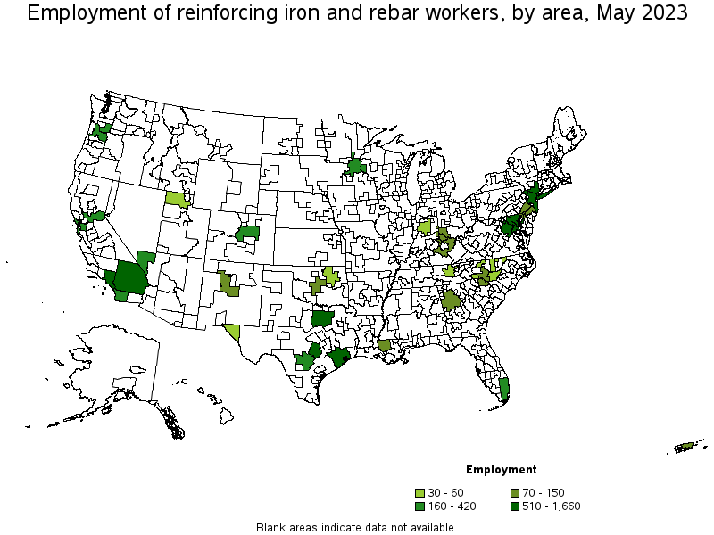 Map of employment of reinforcing iron and rebar workers by area, May 2021