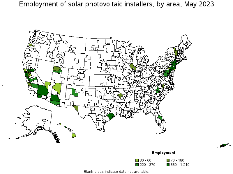 Map of employment of solar photovoltaic installers by area, May 2022