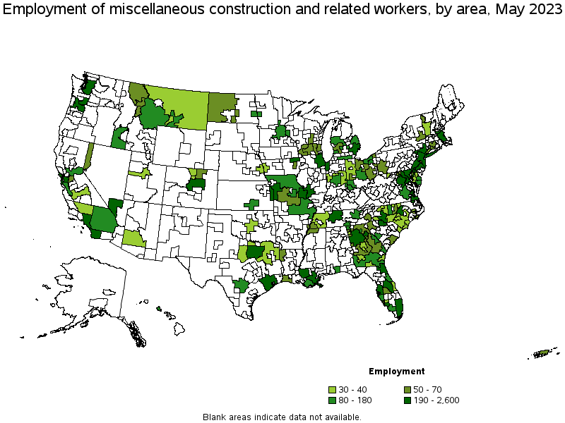 Map of employment of miscellaneous construction and related workers by area, May 2021