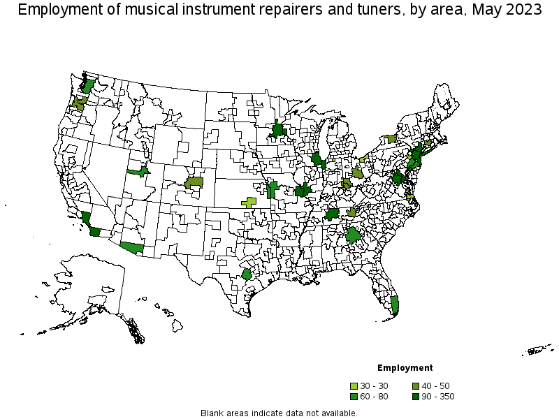 Map of employment of musical instrument repairers and tuners by area, May 2022