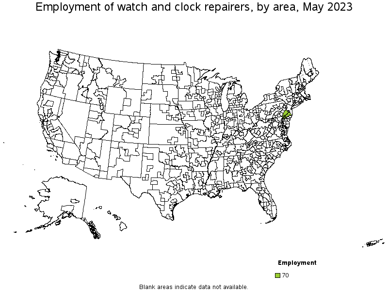 Map of employment of watch and clock repairers by area, May 2021