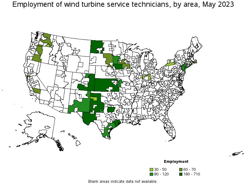Map of employment of wind turbine service technicians by area, May 2021