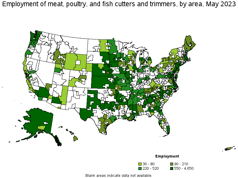 Map of employment of meat, poultry, and fish cutters and trimmers by area, May 2021