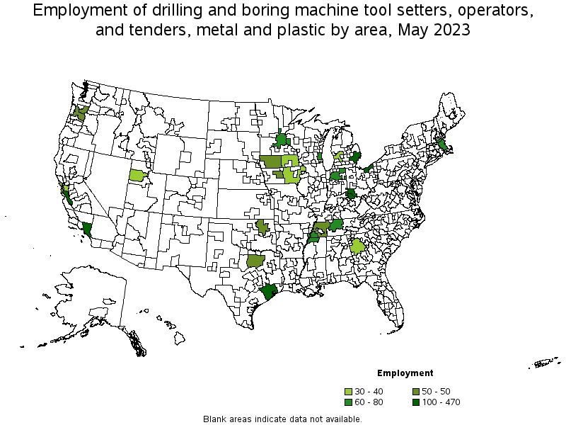 Map of employment of drilling and boring machine tool setters, operators, and tenders, metal and plastic by area, May 2022