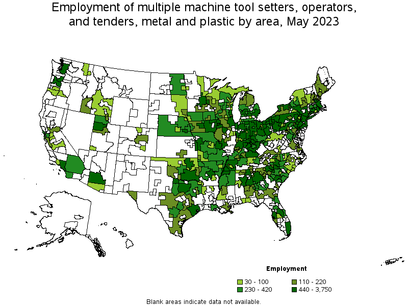 Map of employment of multiple machine tool setters, operators, and tenders, metal and plastic by area, May 2022