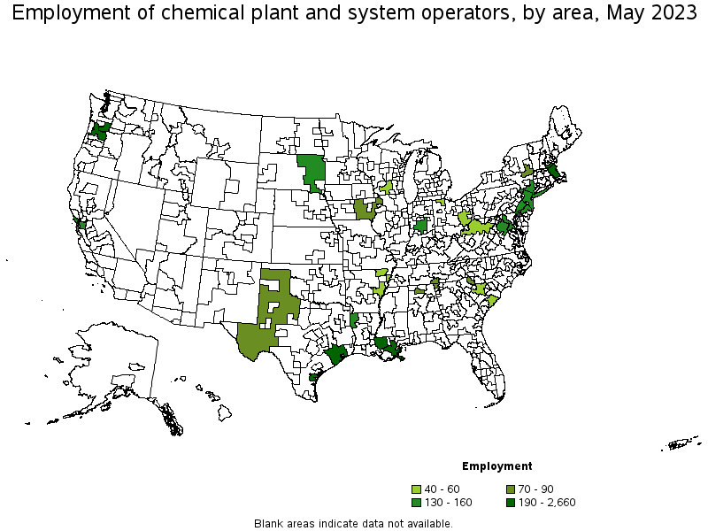 Map of employment of chemical plant and system operators by area, May 2022