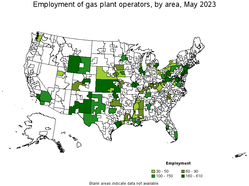 Map of employment of gas plant operators by area, May 2022