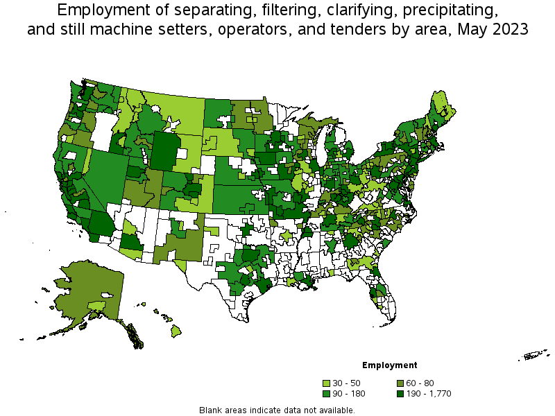 Map of employment of separating, filtering, clarifying, precipitating, and still machine setters, operators, and tenders by area, May 2022