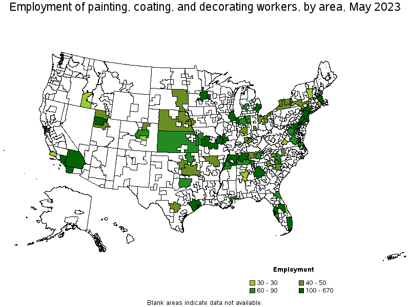 Map of employment of painting, coating, and decorating workers by area, May 2022