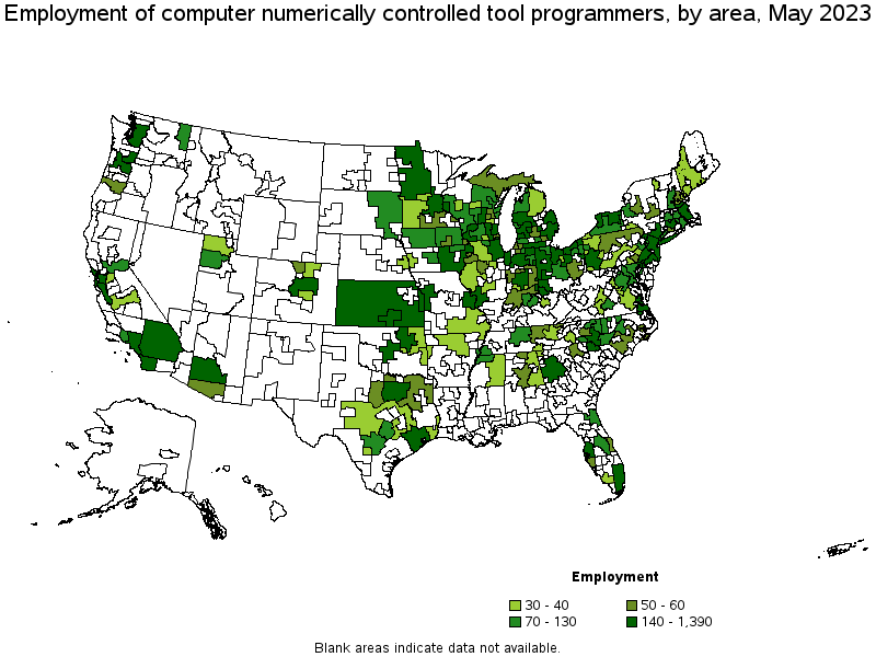 Map of employment of computer numerically controlled tool programmers by area, May 2021