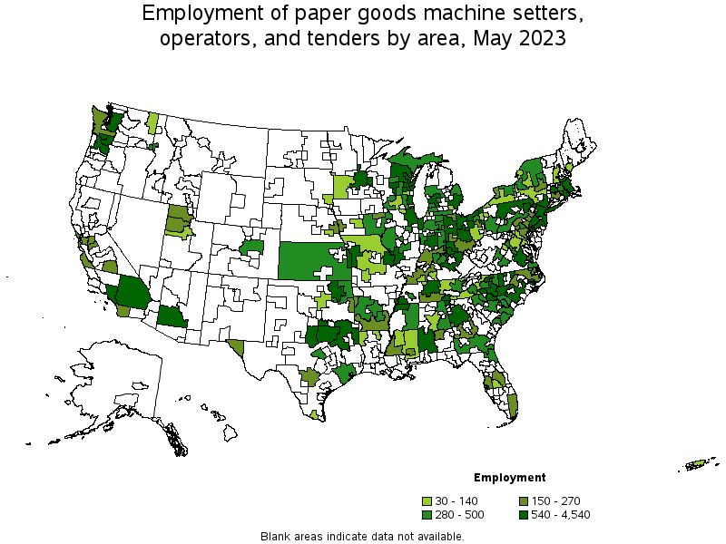 Map of employment of paper goods machine setters, operators, and tenders by area, May 2022