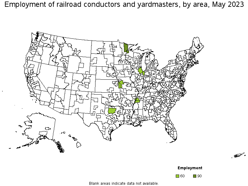 Map of employment of railroad conductors and yardmasters by area, May 2022