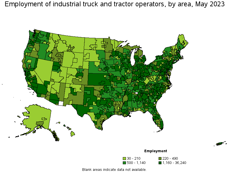 Map of employment of industrial truck and tractor operators by area, May 2022